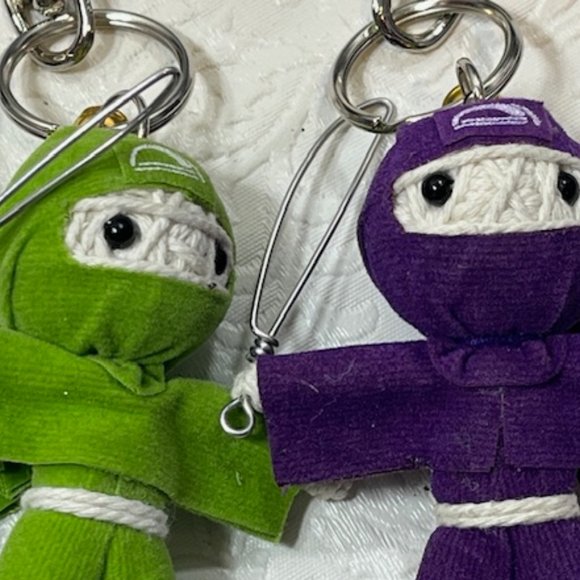 TWO Ninja String Doll Keychain Toys w/Swords Purple/Lime Green 2.5" x 3" NEW - Picture 4 of 9